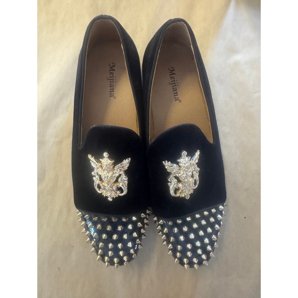 Meijiana Mens Black Velvet Gold Spike Dragon Crest Slip-On Loafers Size 10